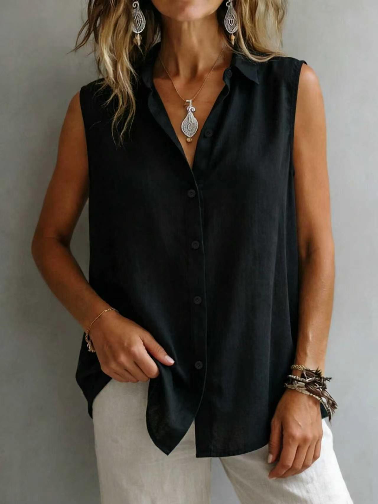 Camicia da donna senza maniche con colletto a risvolto, tinta unita, casual