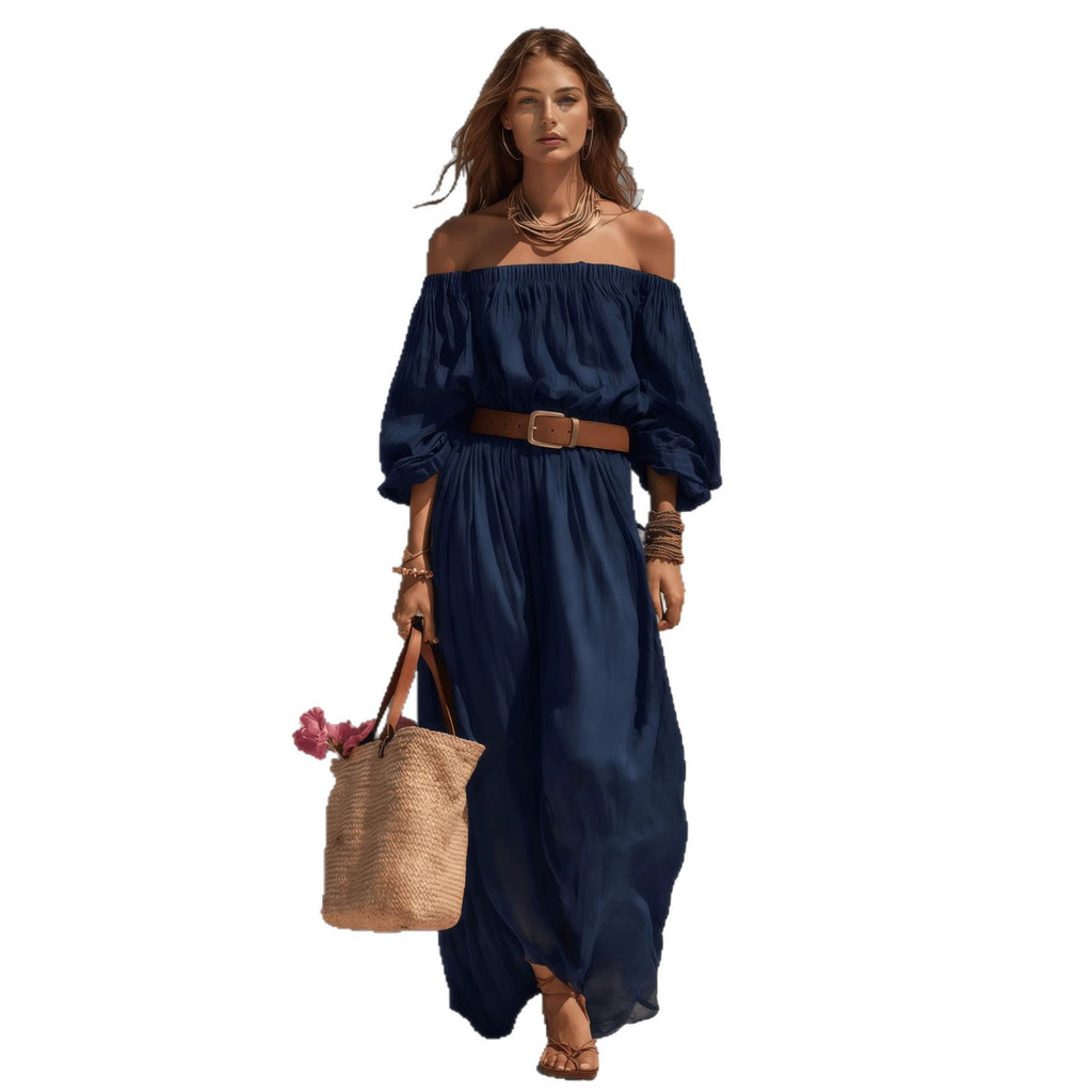 Abito lungo casual da donna in cotone e lino con scollo a barca