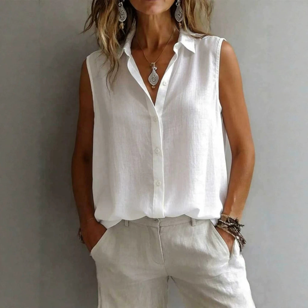 Camicia da donna senza maniche con colletto a risvolto, tinta unita, casual