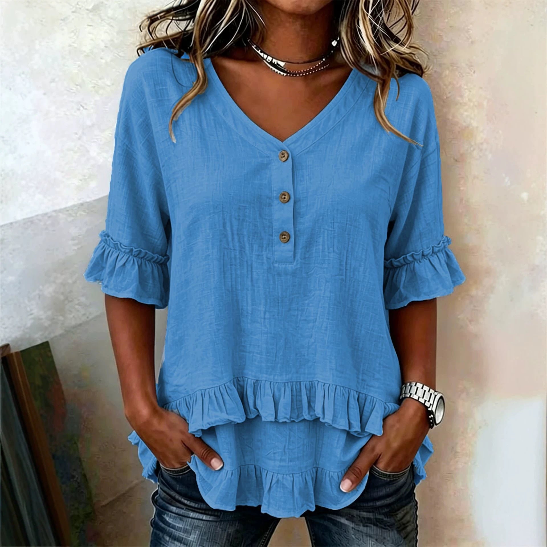 Camicia da donna retrò a maniche corte con scollo a V e volant
