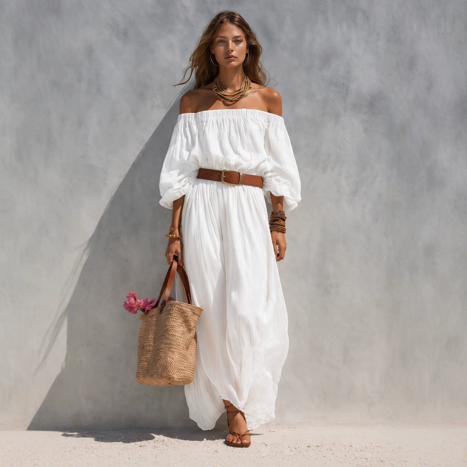 Abito lungo casual da donna in cotone e lino con scollo a barca